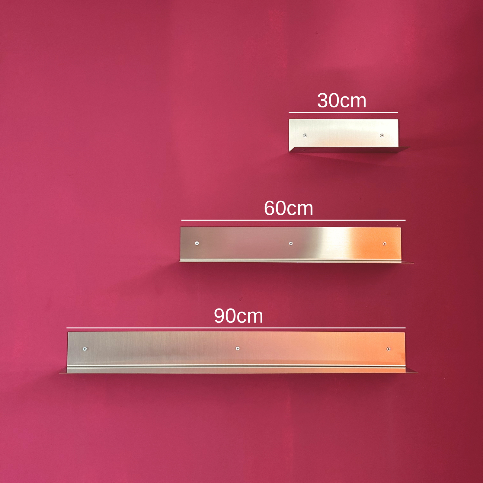 Premium Paslanmaz Krom 3’lü Duvar Rafı Seti (30 cm + 60 cm + 90 cm)